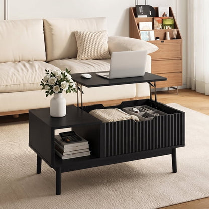 YouTrend Fluted Lift Top Coffee Table with Storage, 39.4" Width Rising Coffee Tables with Hidden Compartment, Wood Center Table for Living Room Office