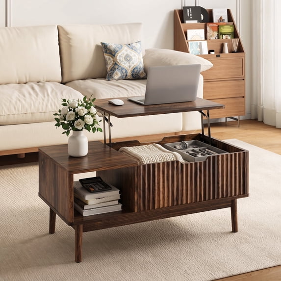 YouTrend Fluted Lift Top Coffee Table with Storage, 39.4" Width Rising Coffee Tables with Hidden Compartment, Wood Center Table for Living Room Office