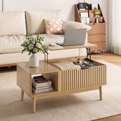 YouTrend Fluted Lift Top Coffee Table with Storage, 39.4" Width Rising Coffee Tables with Hidden Compartment, Wood Center Table for Living Room Office
