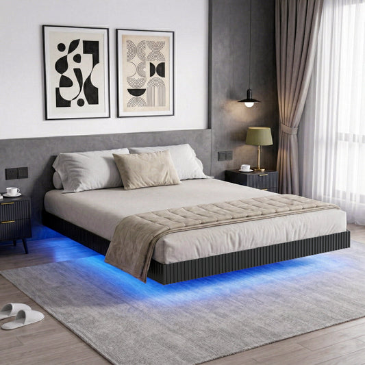 YouTrend King Bed Frame with RGB LED Lights,Floating Bed with Fluted Design;Heavy Duty Steel, Modern Metal Bed Frame,Walnut