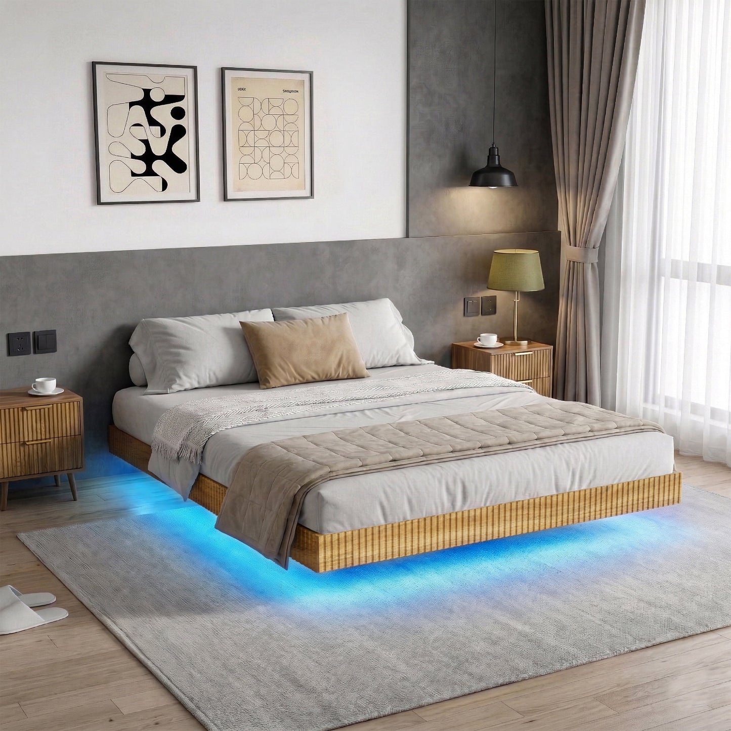 YouTrend King Bed Frame with RGB LED Lights,Floating Bed with Fluted Design;Heavy Duty Steel, Modern Metal Bed Frame,Walnut