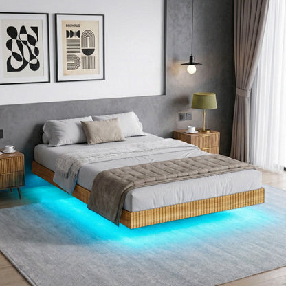 YouTrend King Bed Frame with RGB LED Lights,Floating Bed with Fluted Design;Heavy Duty Steel, Modern Metal Bed Frame,Walnut