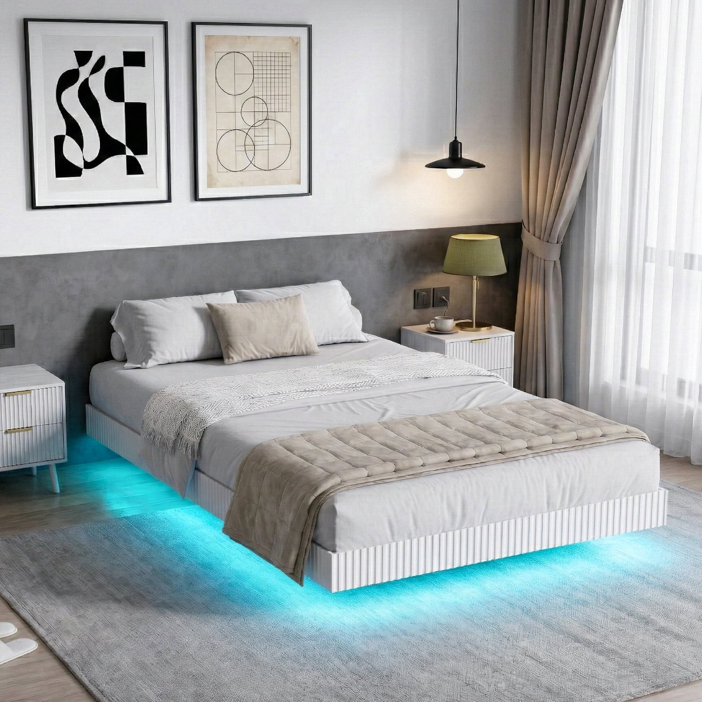 YouTrend King Bed Frame with RGB LED Lights,Floating Bed with Fluted Design;Heavy Duty Steel, Modern Metal Bed Frame,Walnut