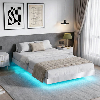 YouTrend King Bed Frame with RGB LED Lights,Floating Bed with Fluted Design;Heavy Duty Steel, Modern Metal Bed Frame,Walnut