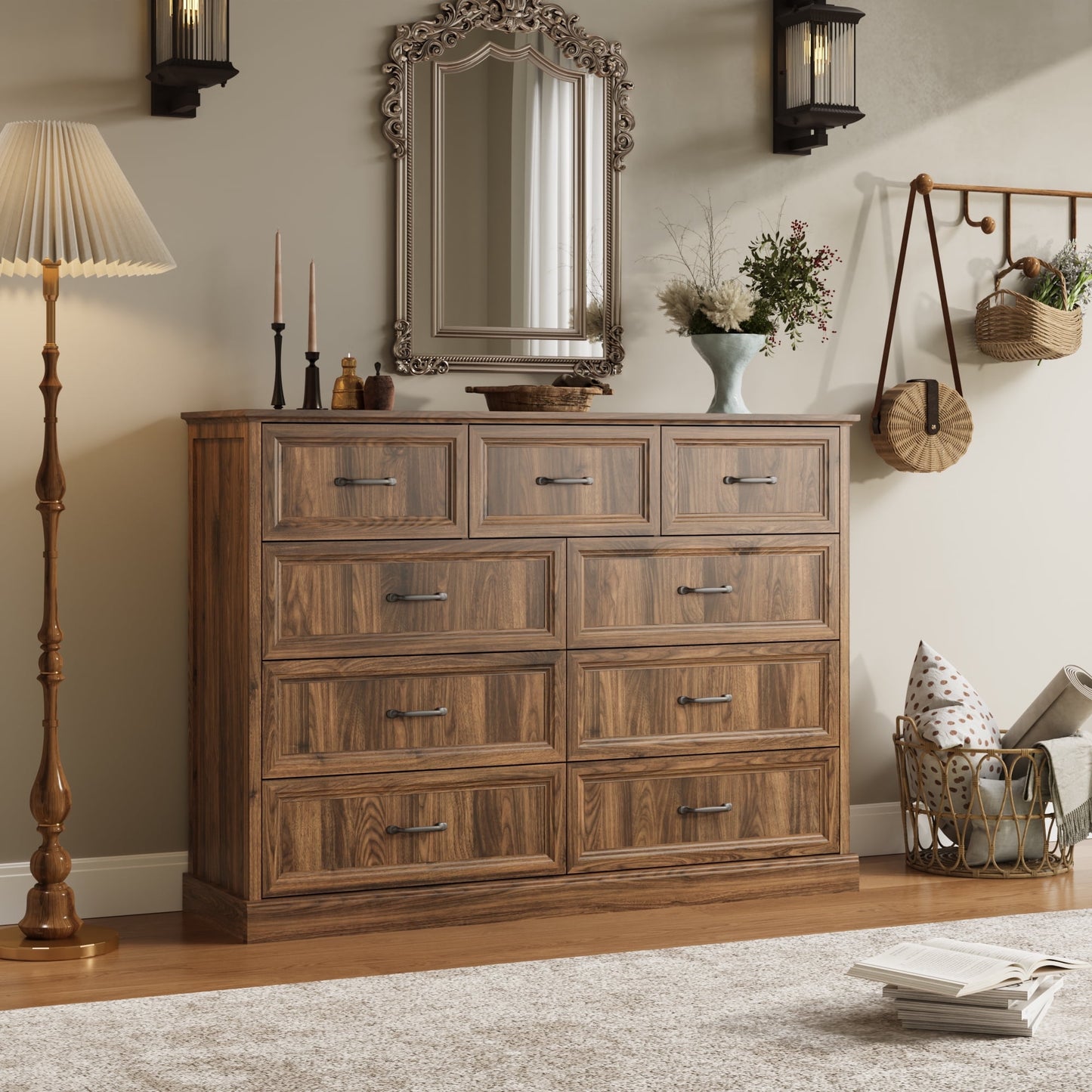 YouTrend Rustic 9-Drawer Wood Dresser, Large Storage Chest Organizer with Metal Handles for Bedroom, Living Room, Farmhouse Style Furniture,Gray