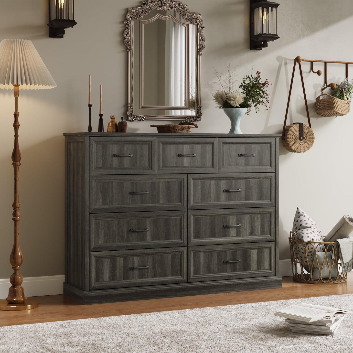 YouTrend Rustic 9-Drawer Wood Dresser, Large Storage Chest Organizer with Metal Handles for Bedroom, Living Room, Farmhouse Style Furniture,Gray