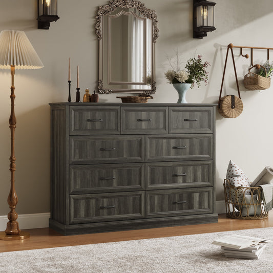 YouTrend Rustic 9-Drawer Wood Dresser, Large Storage Chest Organizer with Metal Handles for Bedroom, Living Room, Farmhouse Style Furniture,Gray