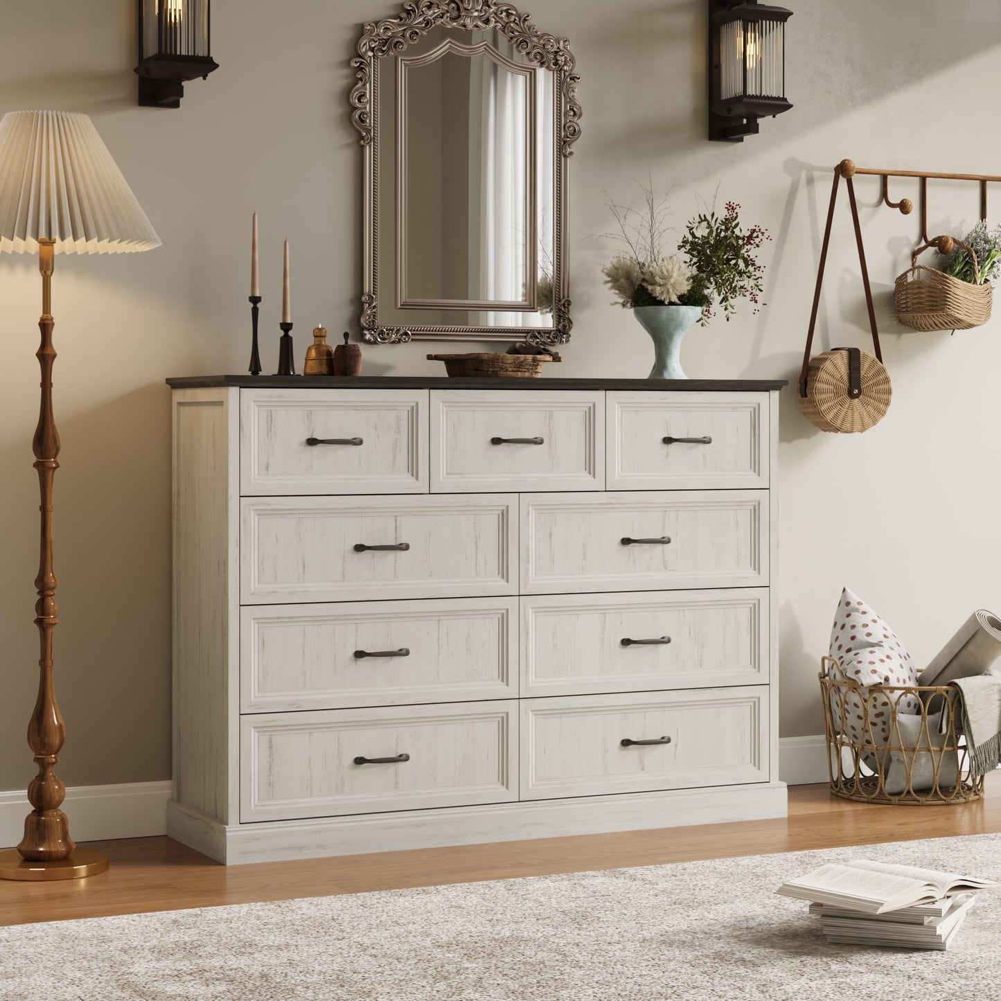 YouTrend Rustic 9-Drawer Wood Dresser, Large Storage Chest Organizer with Metal Handles for Bedroom, Living Room, Farmhouse Style Furniture,Gray