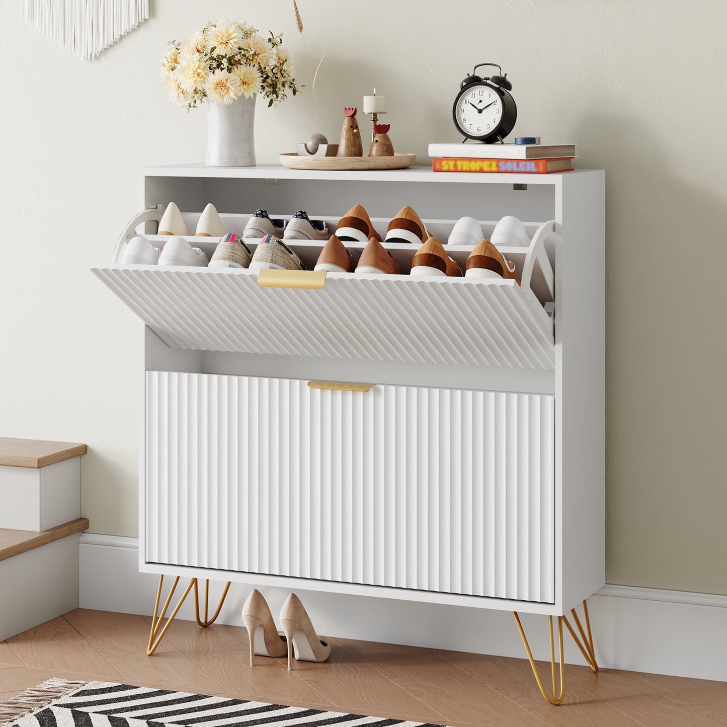 YouTrend Shoe Cabinet with 2 Flip Drawer,Fluted Wood Shoe Rack Storage Cabinet for Entryway,Black