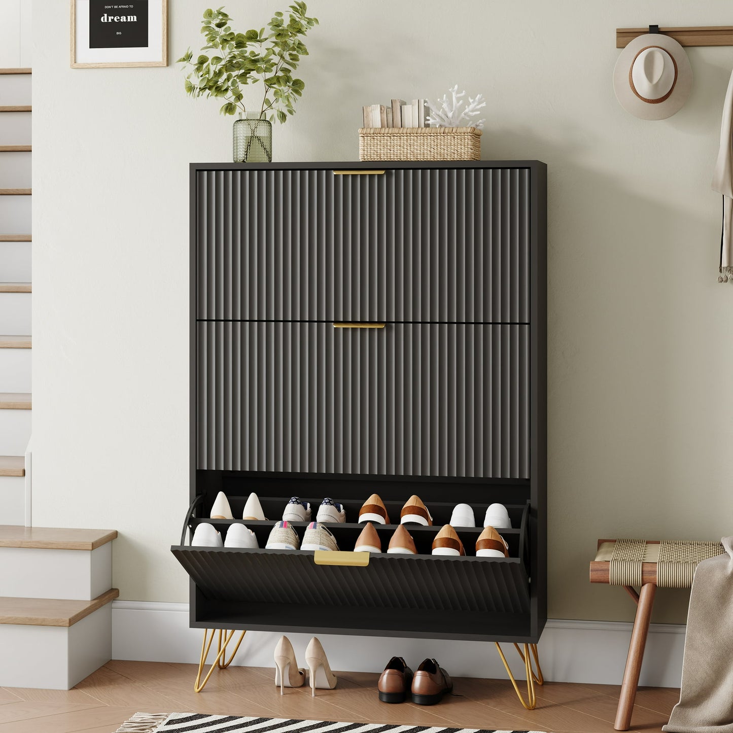 YouTrend Shoe Cabinet with 3 Flip Drawer,Fluted Wood Shoe Rack Storage Cabinet for Entryway