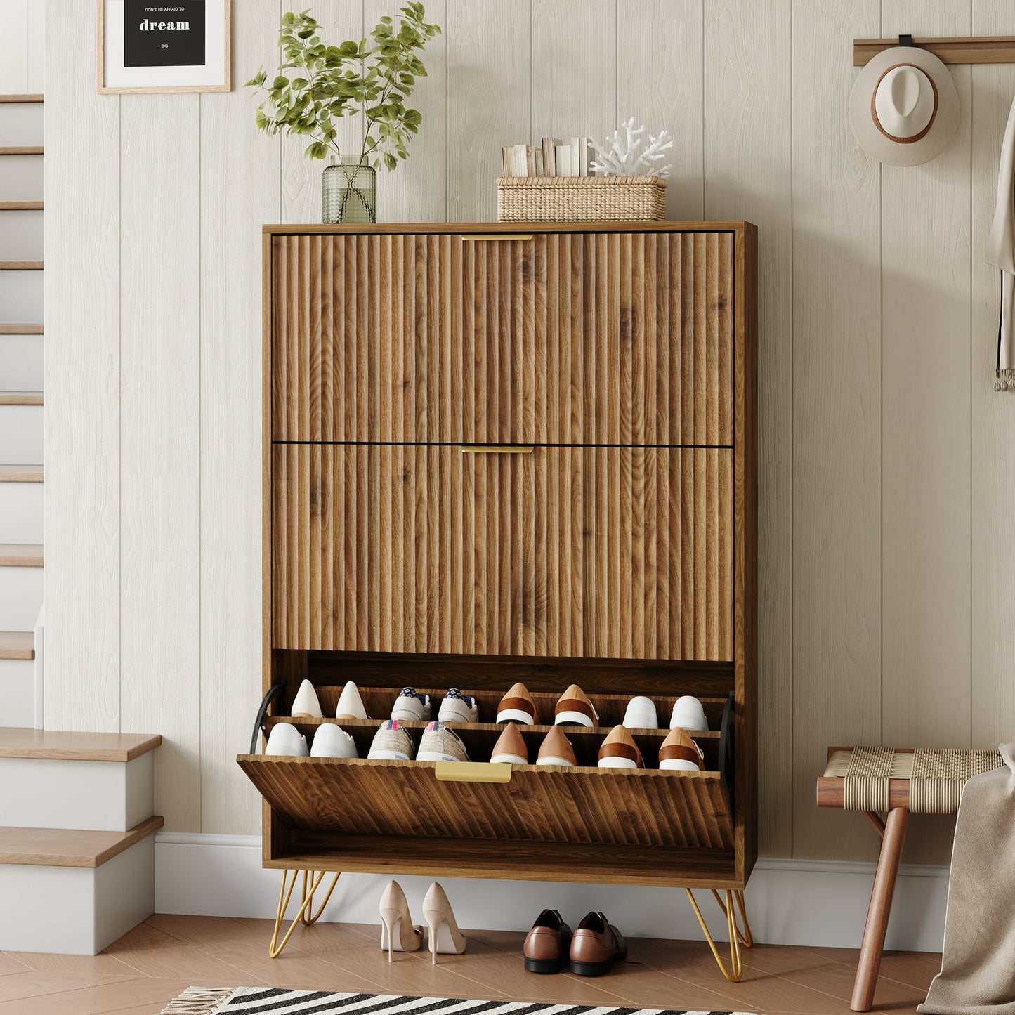 YouTrend Shoe Cabinet with 3 Flip Drawer,Fluted Wood Shoe Rack Storage Cabinet for Entryway