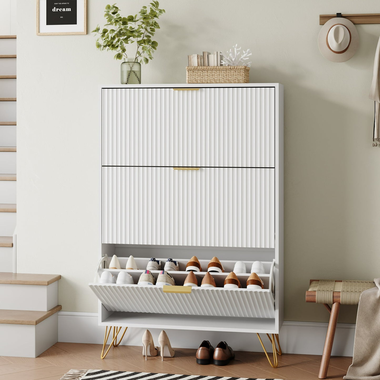 YouTrend Shoe Cabinet with 3 Flip Drawer,Fluted Wood Shoe Rack Storage Cabinet for Entryway