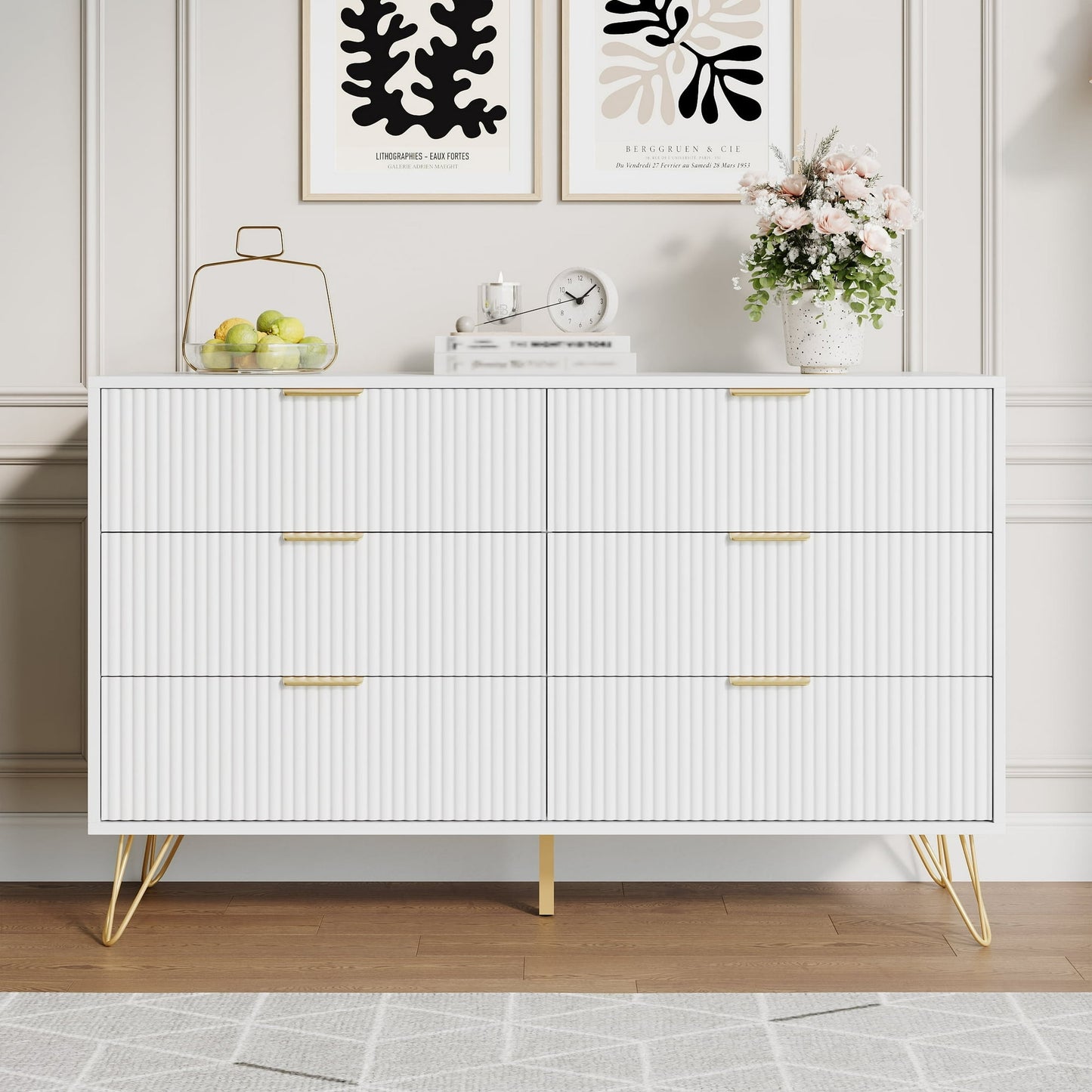 YouTrend White 6 Drawer Dresser with Fluted Wood and Metal Handles Legs for Bedroom Living Room Hallway