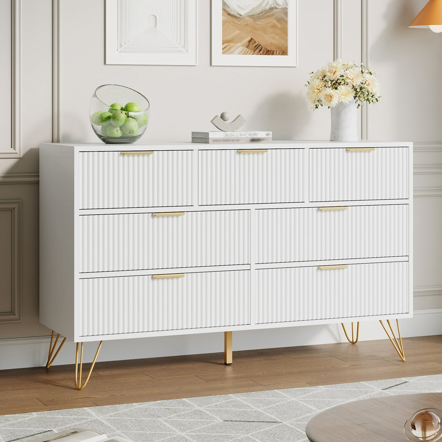 YouTrend White 7 Drawer Dresser with Fluted Wood and Metal Handles Legs for Bedroom Living Room Hallway