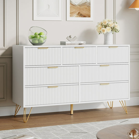 YouTrend White 7 Drawer Dresser with Fluted Wood and Metal Handles Legs for Bedroom Living Room Hallway