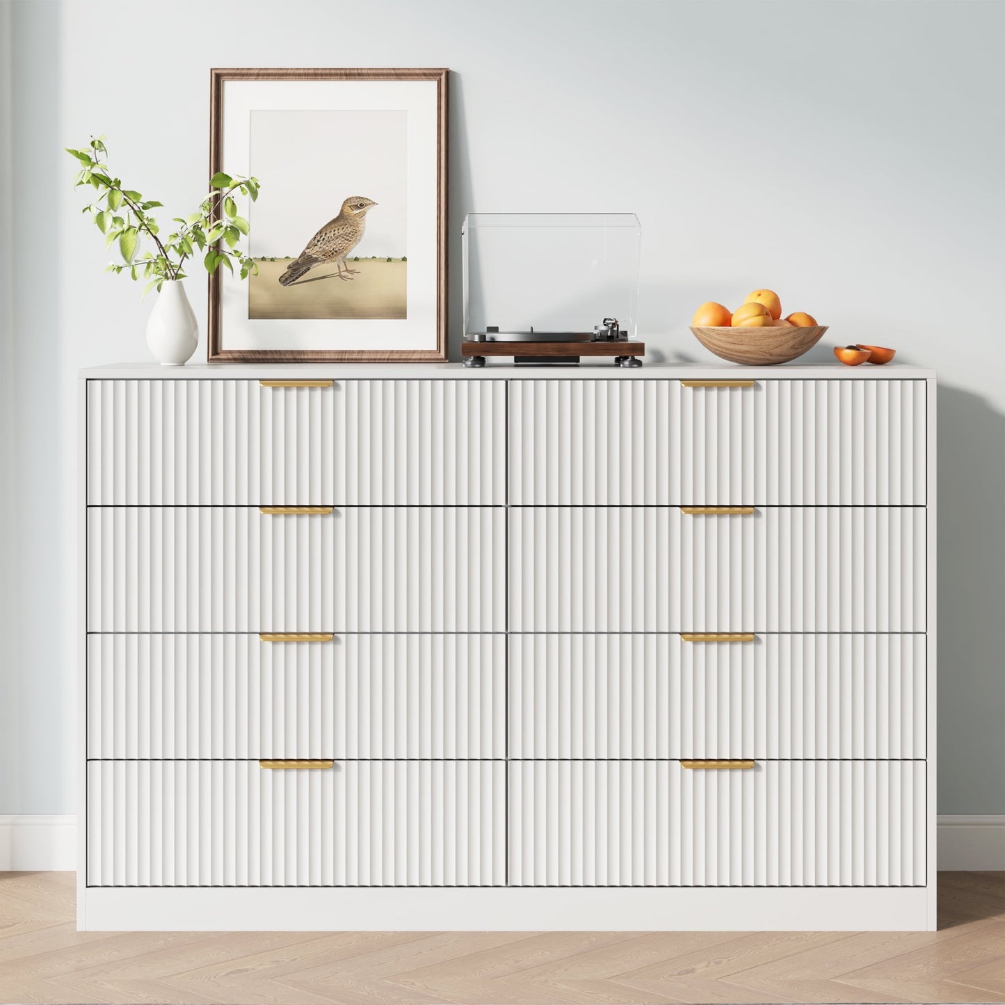8 Drawer Dresser with for Bedroom,Modern Fluted Wood Chest of Drawer with Golden Embedded Handles for Living Room,Hallway