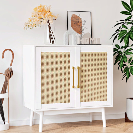 Rattan Storage Cabinet,Wood Accent Cabinet with 2 Doors for Living Room Bedroom Entryway