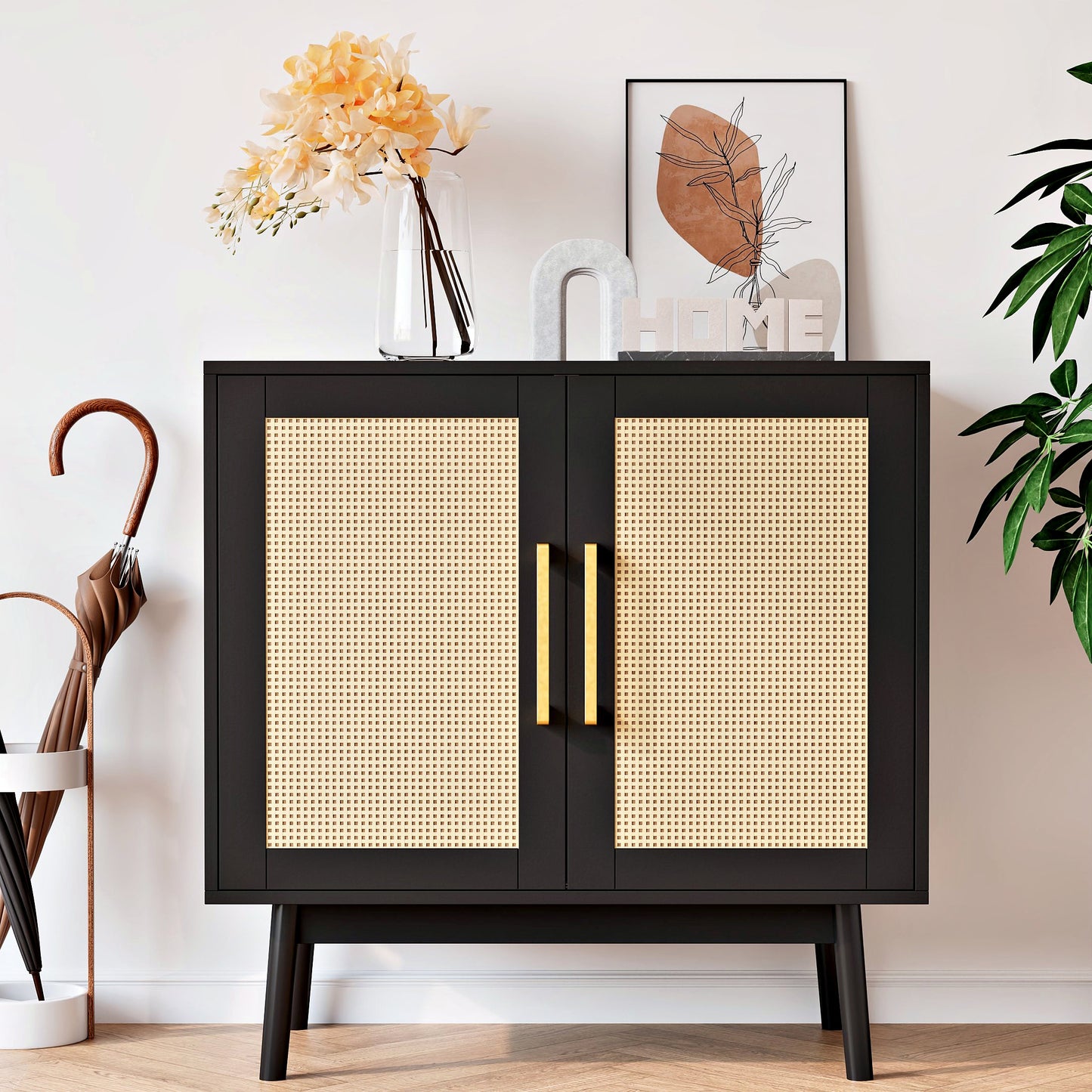 Rattan Storage Cabinet,Wood Accent Cabinet with 2 Doors for Living Room Bedroom Entryway