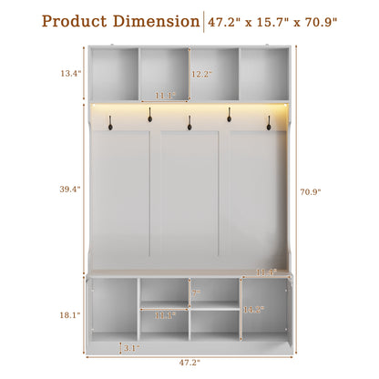 ASTUVIA 70.9"H LED Hall Tree with Bench & Shoe Storage, 47.2"W Entryway Coat Rack with 5 Hooks & 2 Fluted Doors,5 in 1 Coat Hanger for Hallway, Living Room
