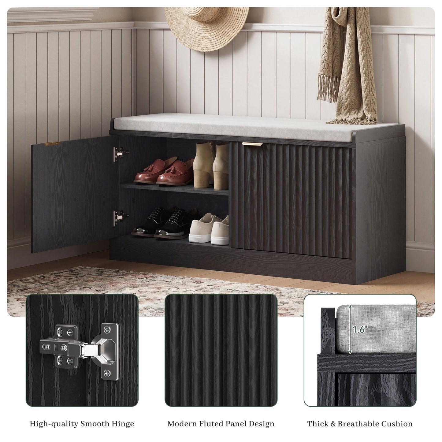 ASTUVIA Fluted Shoe Bench with Cushion, 2-Tier Shoe Storage Bench with Adjustable Shelves, Shoe Cabinet with Bench for Hallway