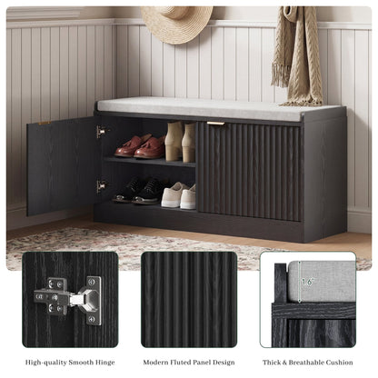 ASTUVIA Fluted Shoe Bench with Cushion, 2-Tier Shoe Storage Bench with Adjustable Shelves, Shoe Cabinet with Bench for Hallway