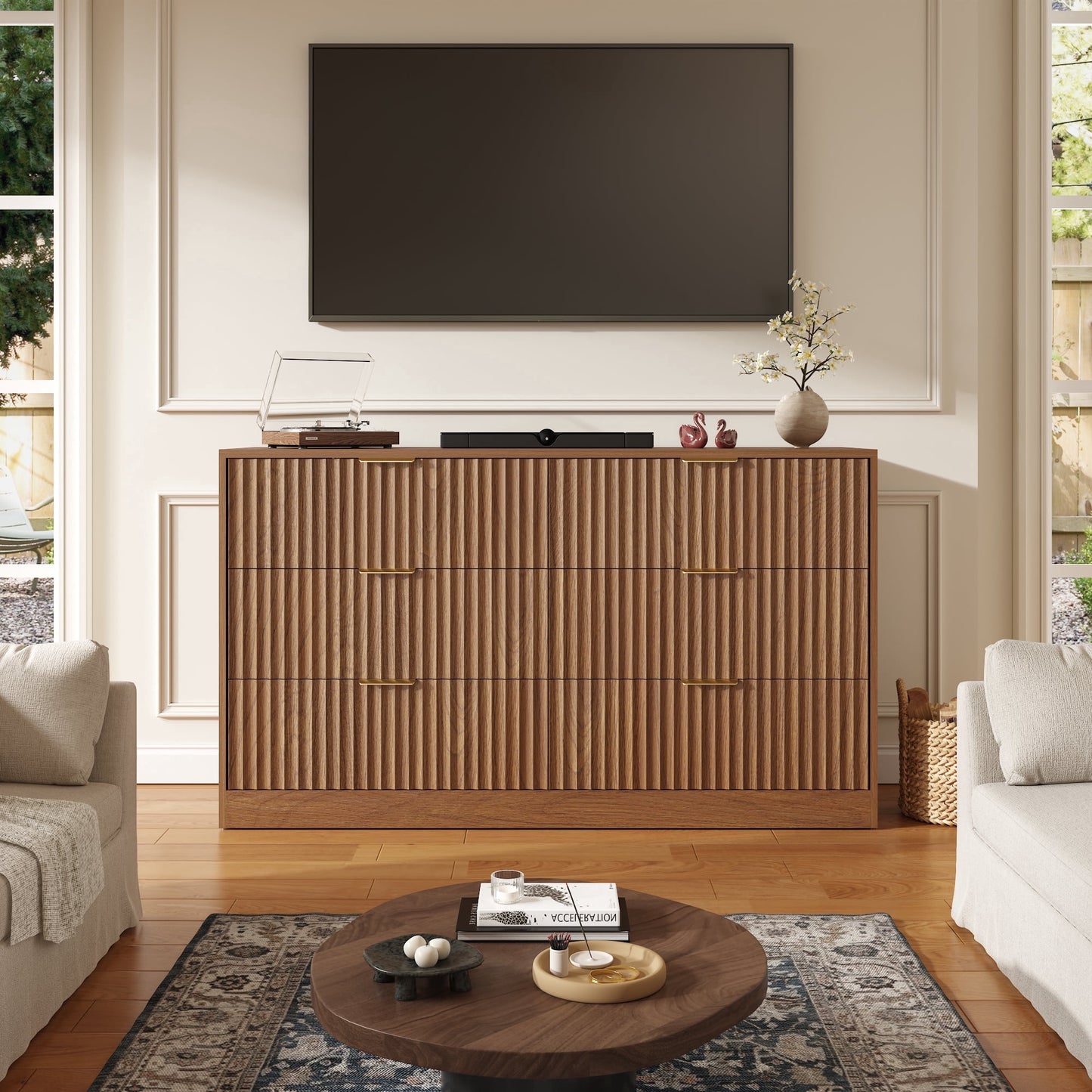 ASTUVIA 55.1" W Fluted 6 Drawer Dresser for Adult,Wooden Bedroom Dresser,Dresser TV Stand up to 65" for Living Room,Brown