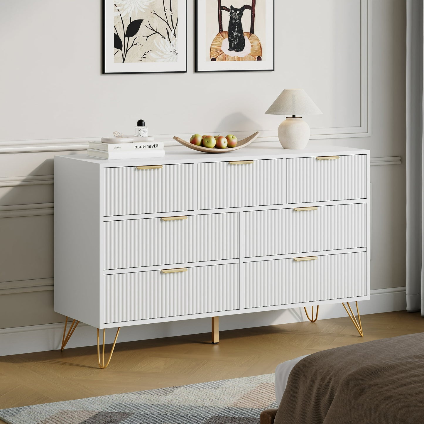 YouTrend White 7 Drawer Dresser with Fluted Wood and Metal Handles Legs for Bedroom Living Room Hallway