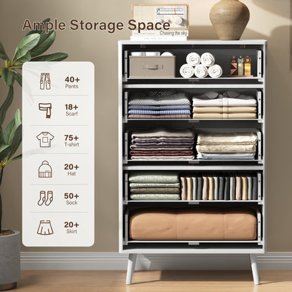 YouTrend 5 Drawer Dresser for Bedroom,Tall Dresser with Metal Handle,Fluted Dresser Modern Storage Cabinet for Home Office Living Room,White