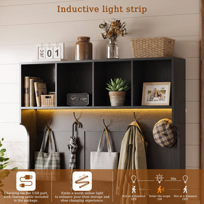 ASTUVIA 70.9"H LED Hall Tree with Bench & Shoe Storage, 47.2"W Entryway Coat Rack with 5 Hooks & 2 Fluted Doors,5 in 1 Coat Hanger for Hallway, Living Room