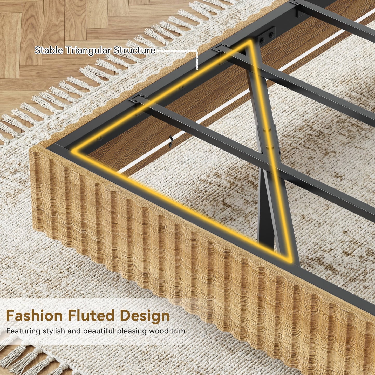 YouTrend King Bed Frame with RGB LED Lights,Floating Bed with Fluted Design;Heavy Duty Steel, Modern Metal Bed Frame,Walnut