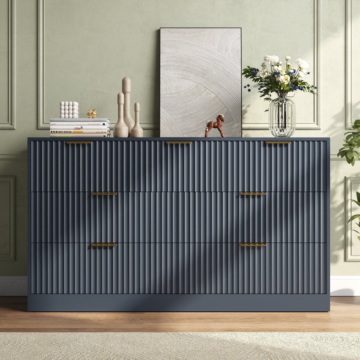 ASTUVIA 55.1" W Fluted 6 Drawer Dresser for Adult,Wooden Bedroom Dresser,Dresser TV Stand up to 65" for Living Room,Brown