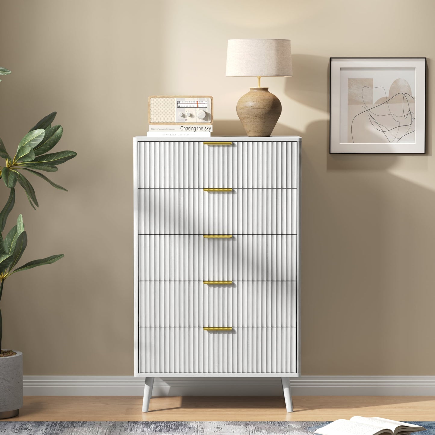 YouTrend 5 Drawer Dresser for Bedroom,Tall Dresser with Metal Handle,Fluted Dresser Modern Storage Cabinet for Home Office Living Room,White