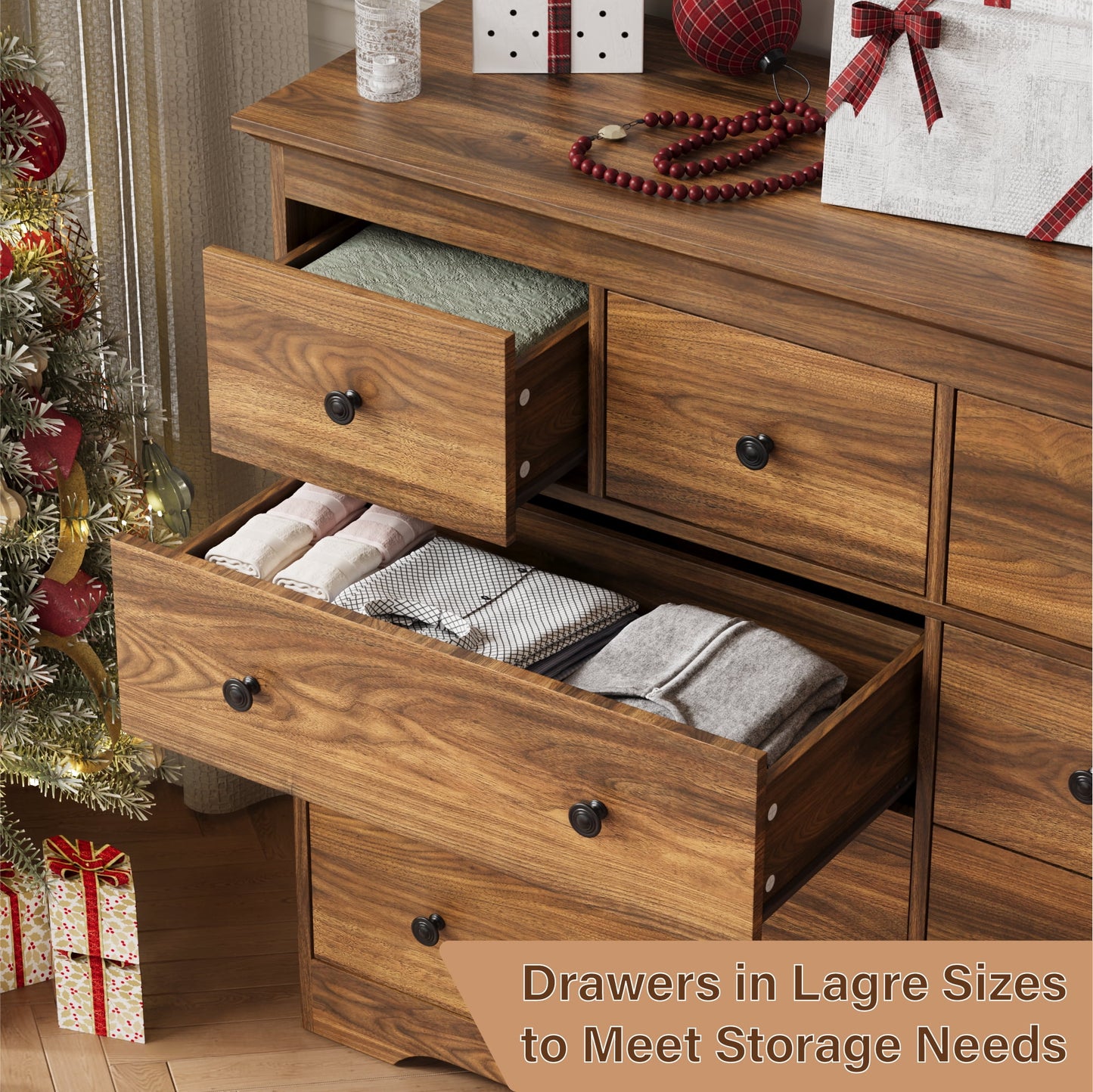 YouTrend 55.1" Wide Dresser for Bedroom, 10 Drawer Dresser with Large Drawers, Dresser for TVs Up to 65",Brown
