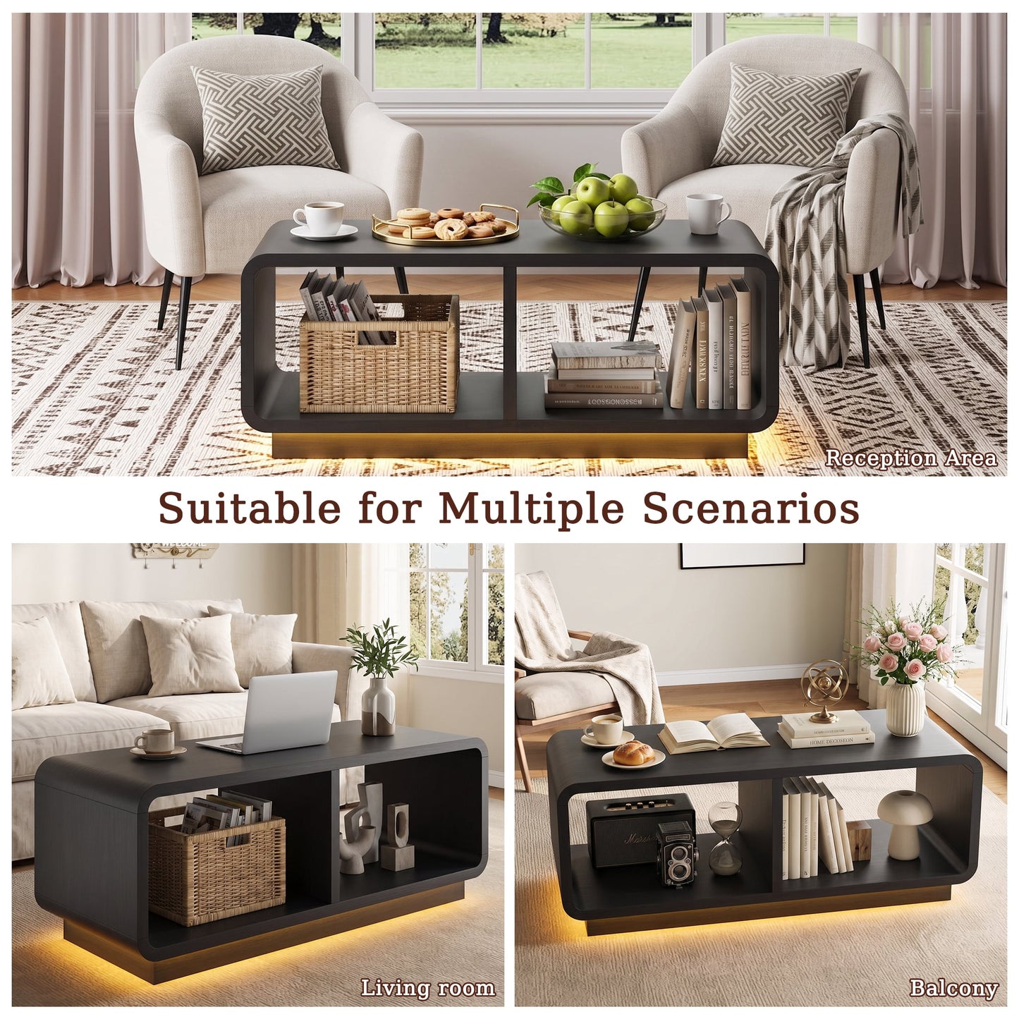 ASTUVIA Coffee Table with LED Lights, 47.2" W TV Stand Center Table with 2-Tiers for Living Room