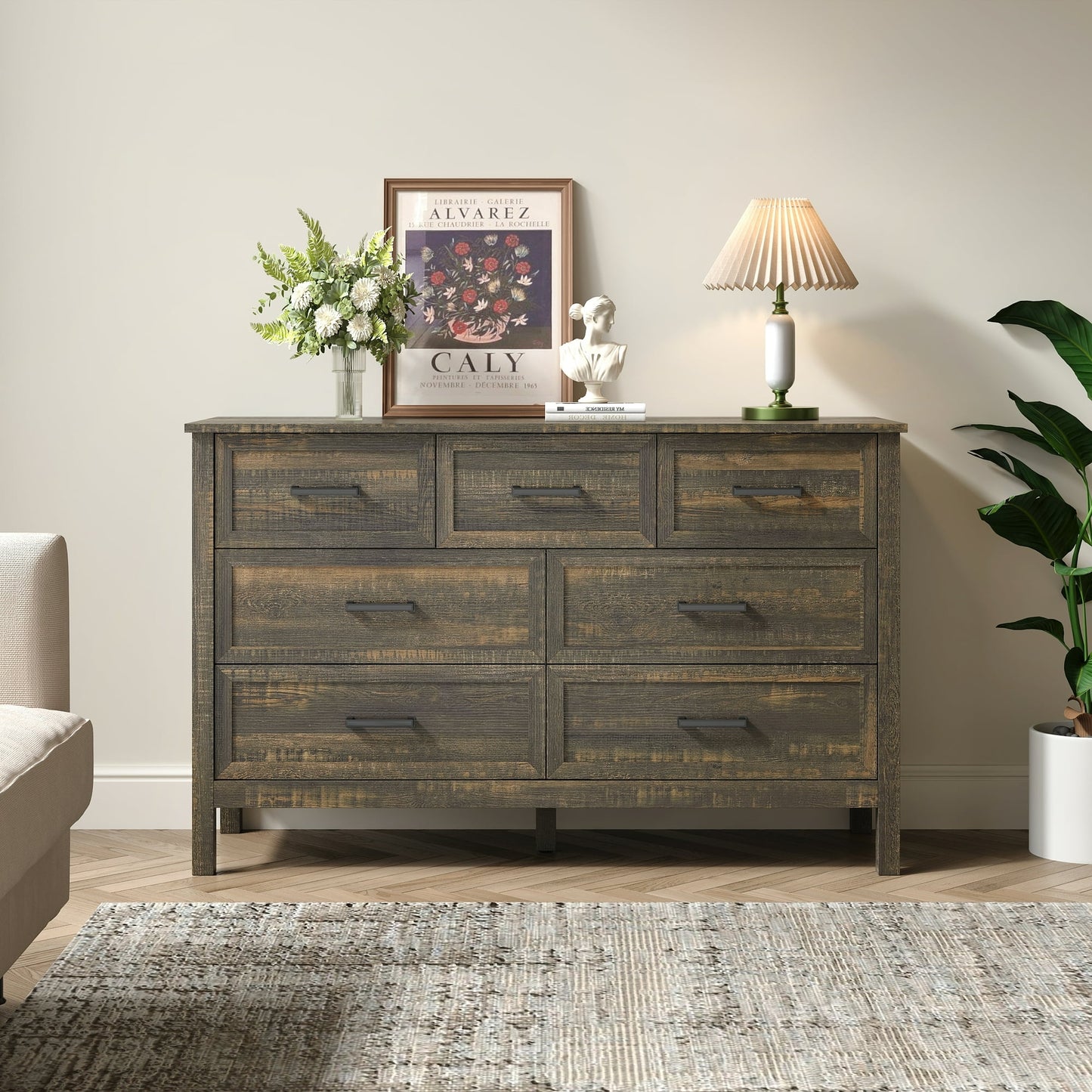 YouTrend 7 Drawer Farmhouse Dresser,Wood Adult Rustic Chest of Drawer with Metal Handles for Bedroom Living Room Hallway,Burlywood & White