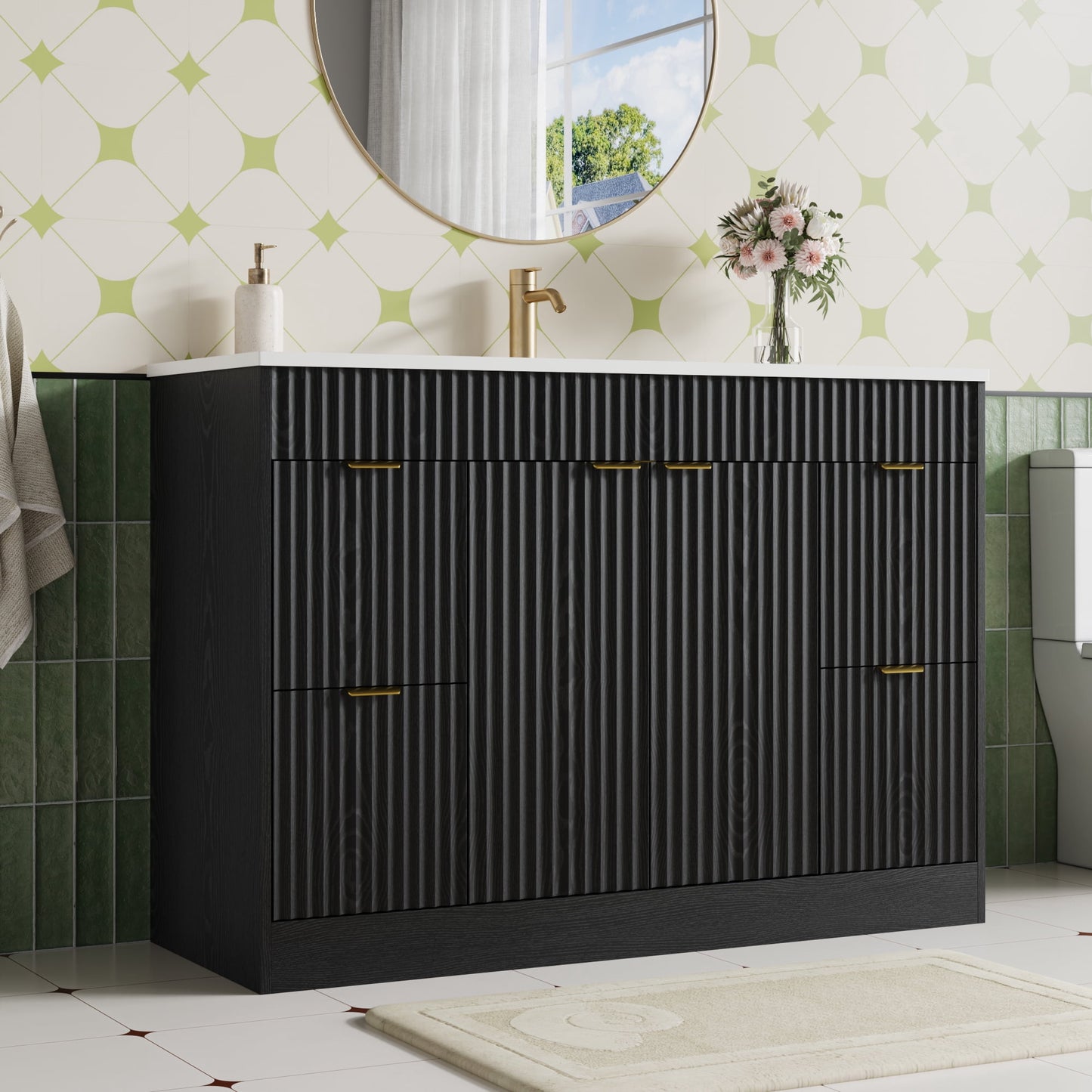 ASTUVIA 60" Fluted Bathroom Vanity Cabinet with 2 Drawers,Bathroom Vanity with Sink and 4 Soft-Close Doors,Floating Bathroom Sink Cabinet,Brown