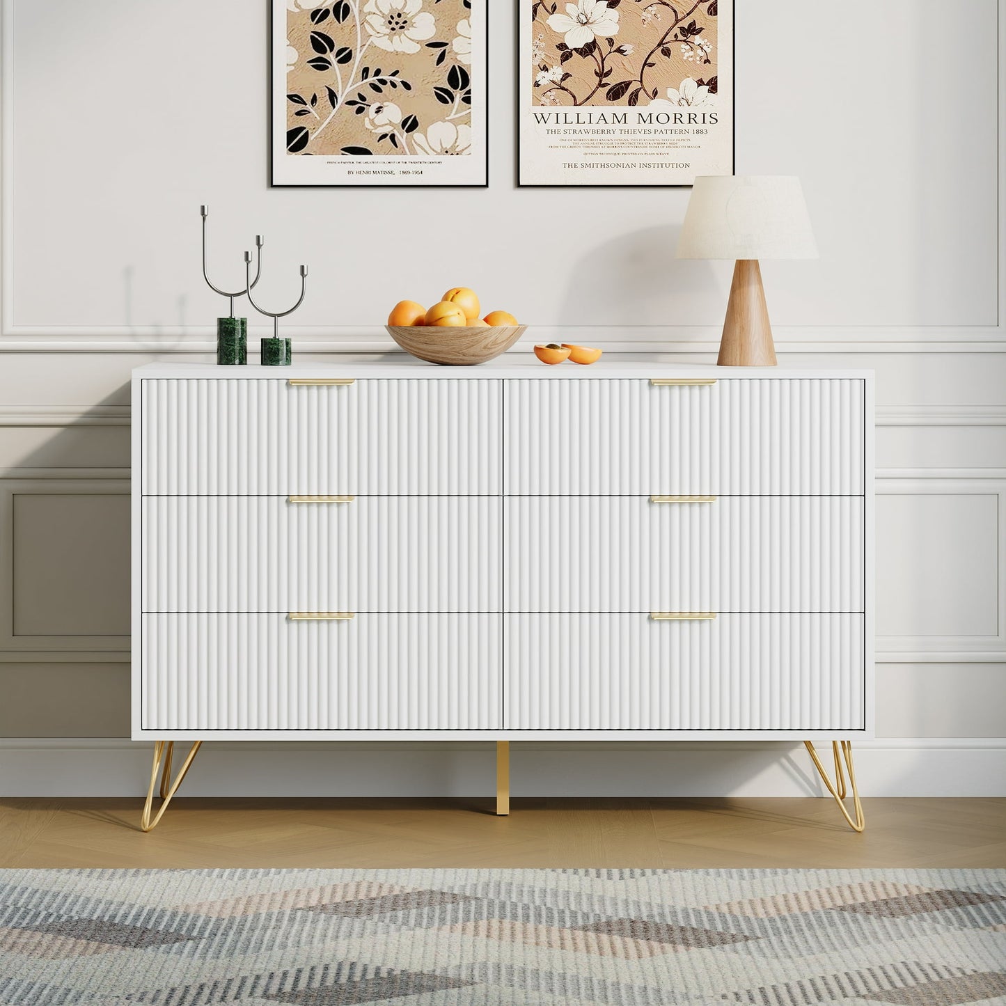 YouTrend White 6 Drawer Dresser with Fluted Wood and Metal Handles Legs for Bedroom Living Room Hallway