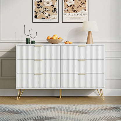YouTrend White 6 Drawer Dresser with Fluted Wood and Metal Handles Legs for Bedroom Living Room Hallway