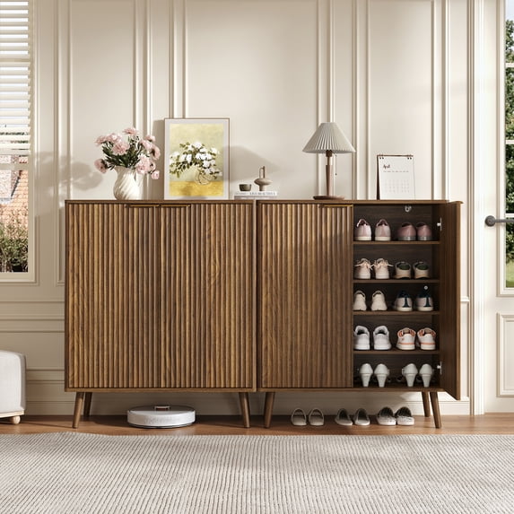 ASTUVIA Fluted Shoe Storage Cabinet with Two Doors for Adult,5-Tier Wood Shoe Rack Organizer with Adjustable Shelves for Entryway
