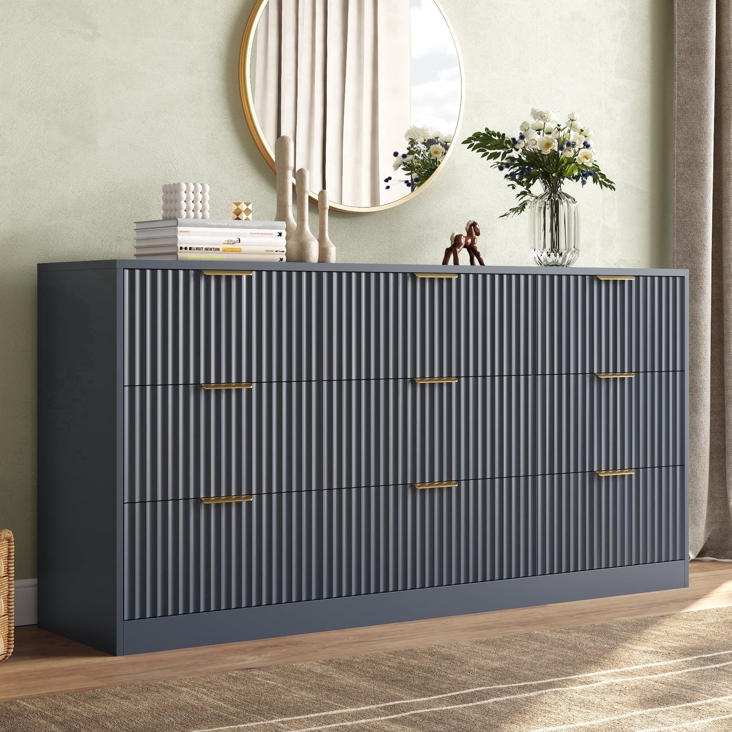 ASTUVIA 55.1" W Fluted 6 Drawer Dresser for Adult,Wooden Bedroom Dresser,Dresser TV Stand up to 65" for Living Room,Brown