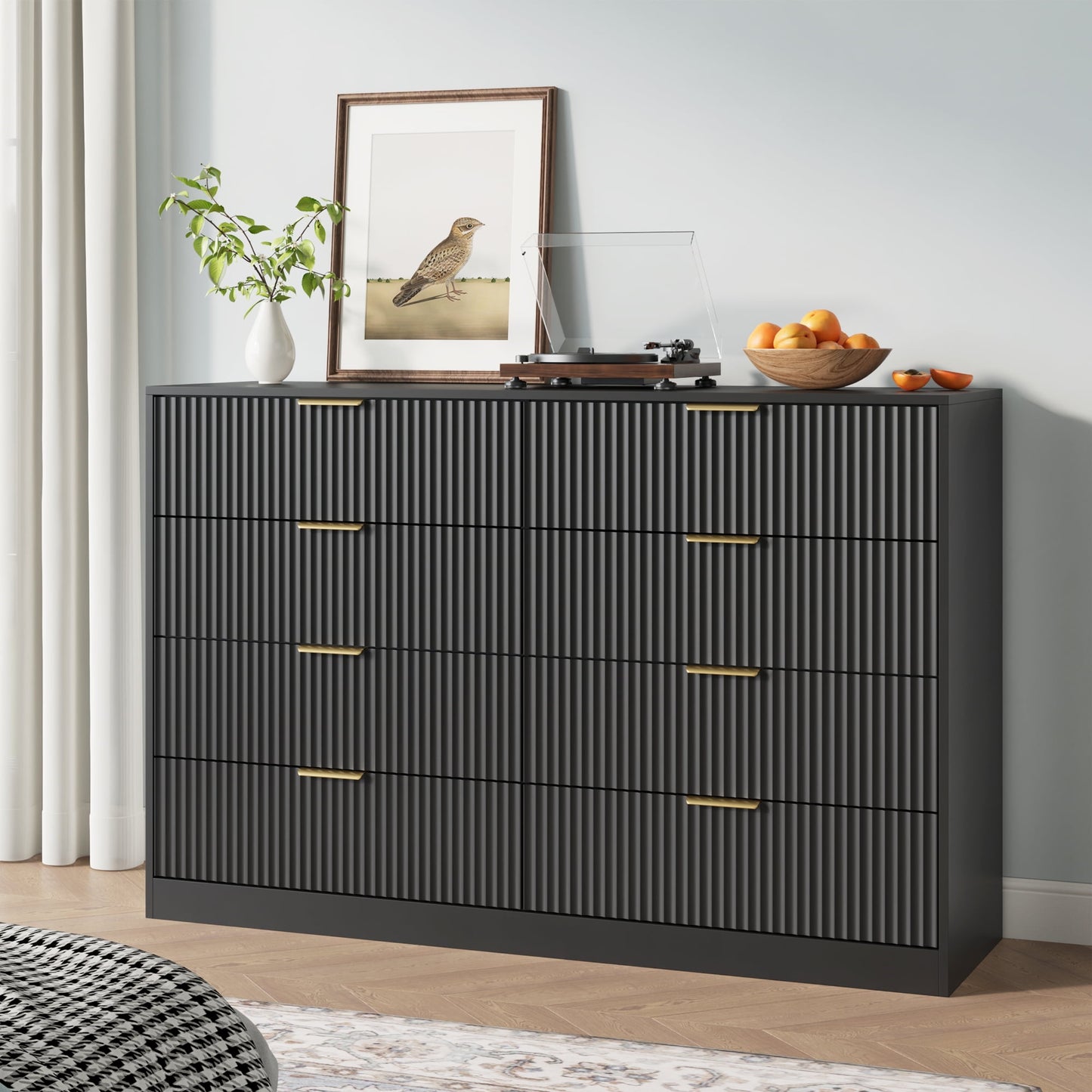 8 Drawer Dresser with for Bedroom,Modern Fluted Wood Chest of Drawer with Golden Embedded Handles for Living Room,Hallway