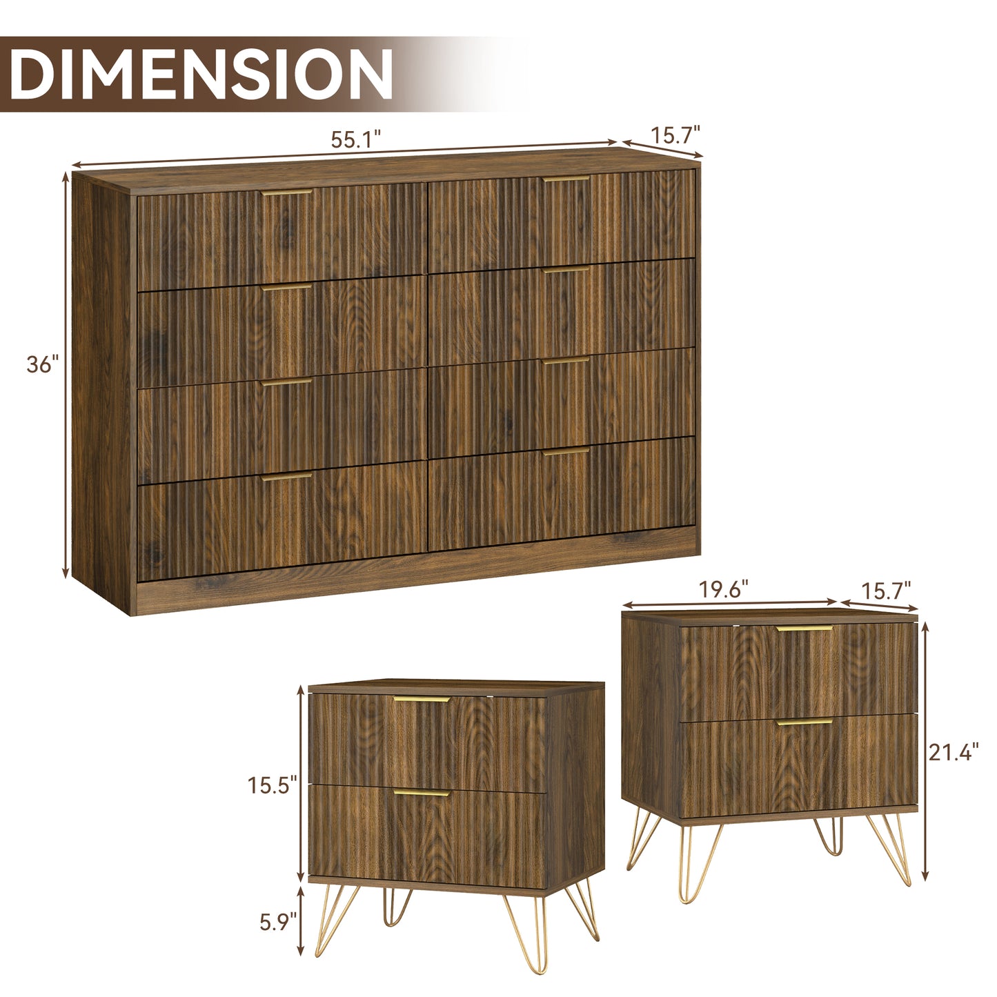 YouTrend 7 Drawer Dresser and Nightstand Sets for Bedroom,3 Piece Bedroom Dresser Set,Fluted Dressers and Nightstands, Modern Bedroom Set