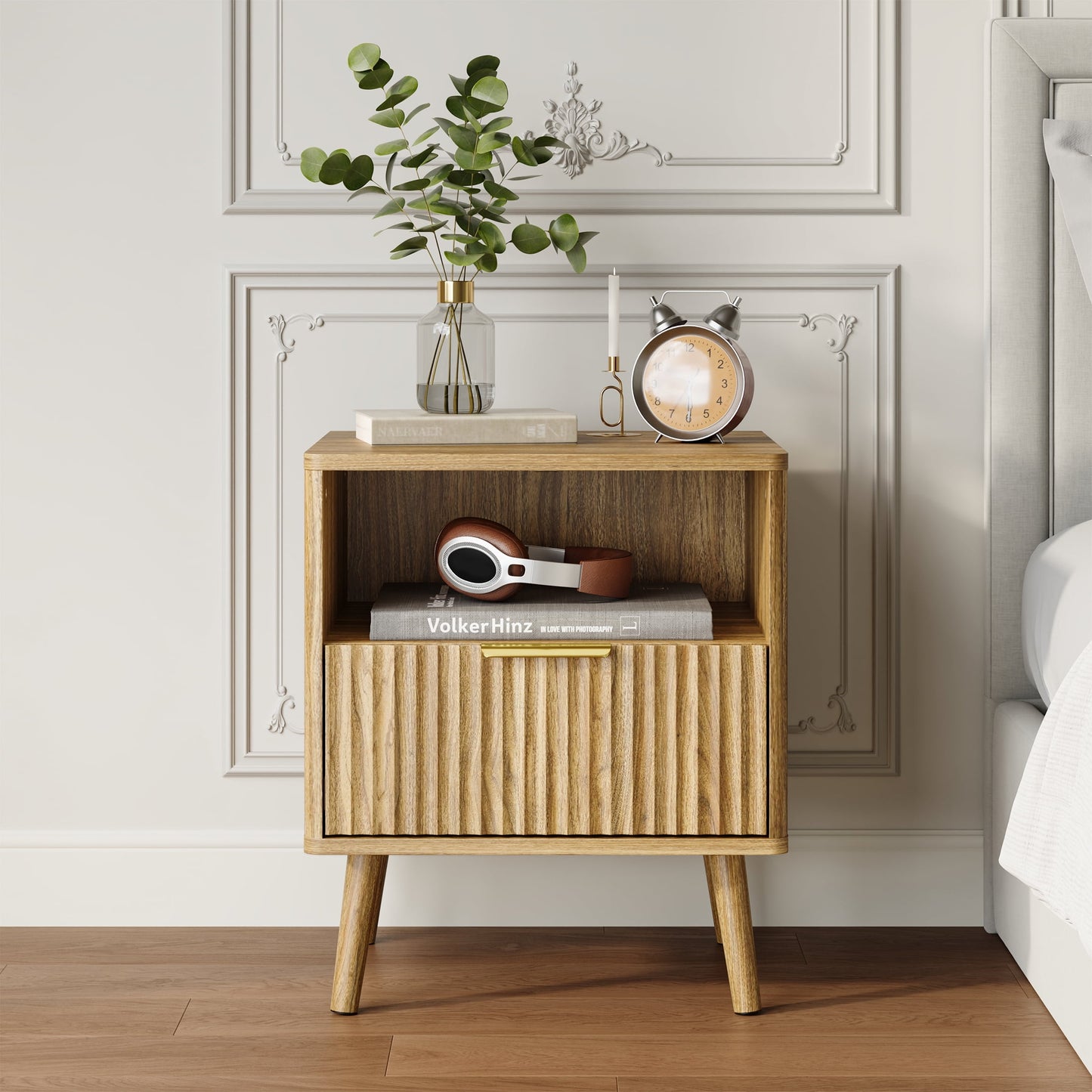 YouTrend Nightstands Set of 2 with Open Shelf,Beside Table with Fluted Design ,End Table with Solid Wood Legs for bedroom