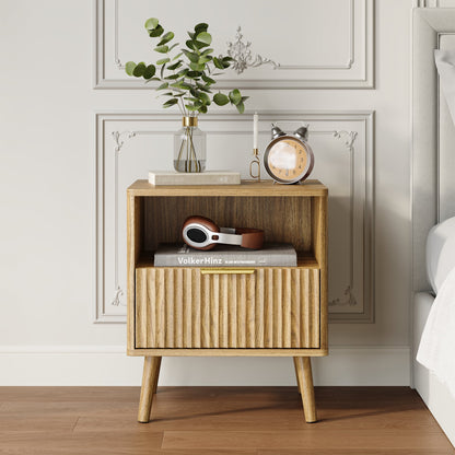 YouTrend Nightstands Set of 2 with Open Shelf,Beside Table with Fluted Design ,End Table with Solid Wood Legs for bedroom