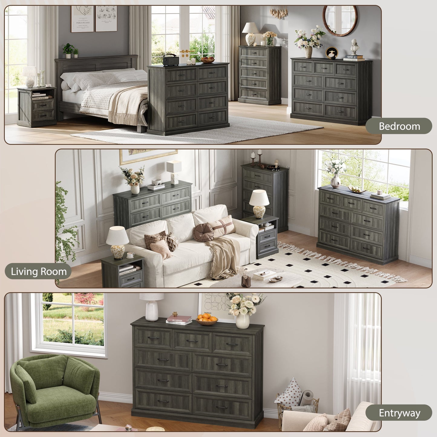YouTrend Rustic 9-Drawer Wood Dresser, Large Storage Chest Organizer with Metal Handles for Bedroom, Living Room, Farmhouse Style Furniture,Gray