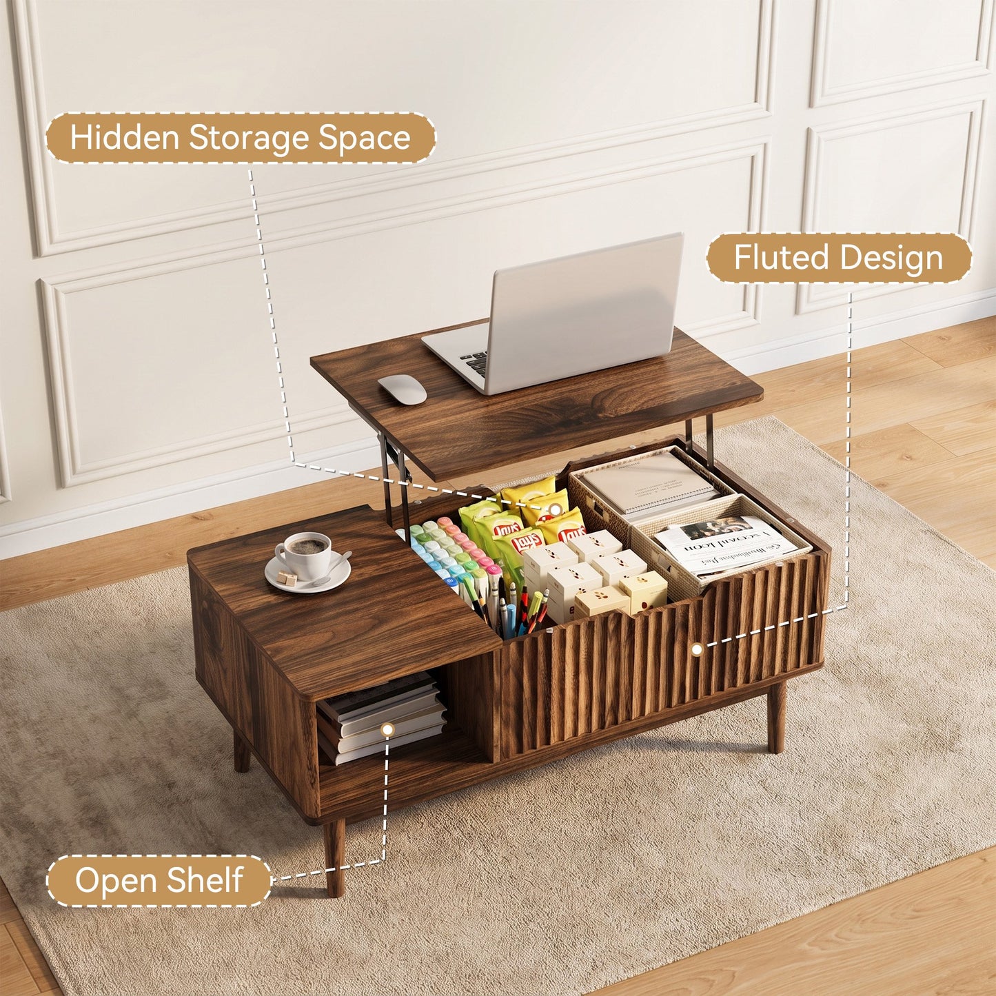 YouTrend Fluted Lift Top Coffee Table with Storage, 39.4" Width Rising Coffee Tables with Hidden Compartment, Wood Center Table for Living Room Office