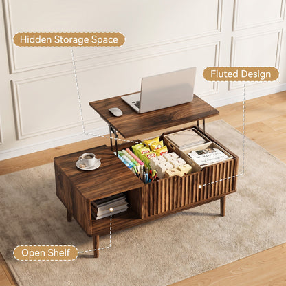 YouTrend Fluted Lift Top Coffee Table with Storage, 39.4" Width Rising Coffee Tables with Hidden Compartment, Wood Center Table for Living Room Office