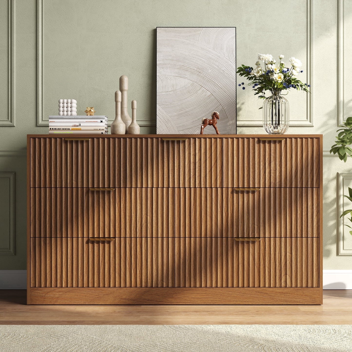 ASTUVIA 55.1" W Fluted 6 Drawer Dresser for Adult,Wooden Bedroom Dresser,Dresser TV Stand up to 65" for Living Room,Brown