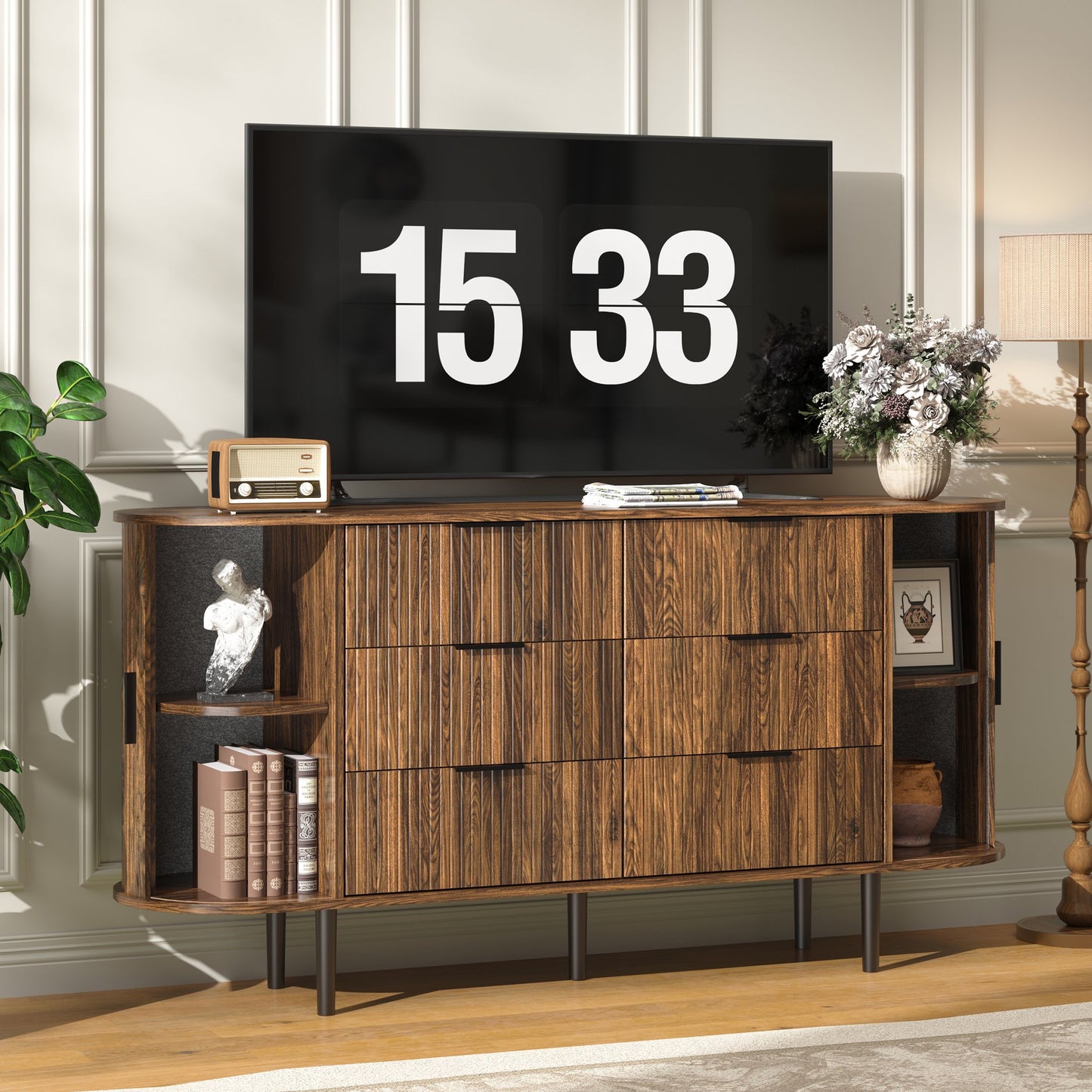 ASTUVIA Fluted 6 Drawers Dresser, 63'' Wide Modern Chest of Drawers with Sideboard,Curved Profile & Sturdy Legs, Dresser TV Stand for Bedroom, Living Room