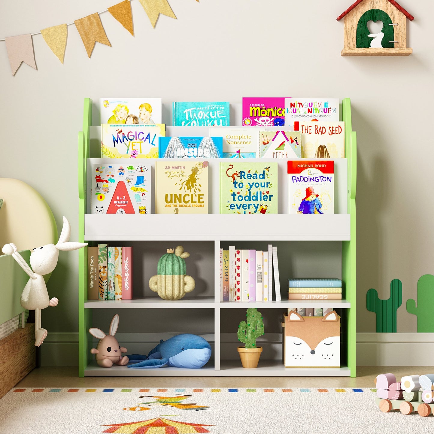 ASTUVIA 3 Tier Kids Bookshelf with Storage,Toy Storage Organizer with Cactus Appearance, Kids Bookcase and Bookshelf with 4 Storage, Green
